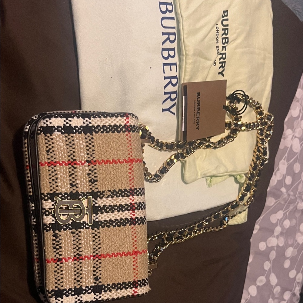 Burberry Tan and Black Crossbody Bag with Gold Chain